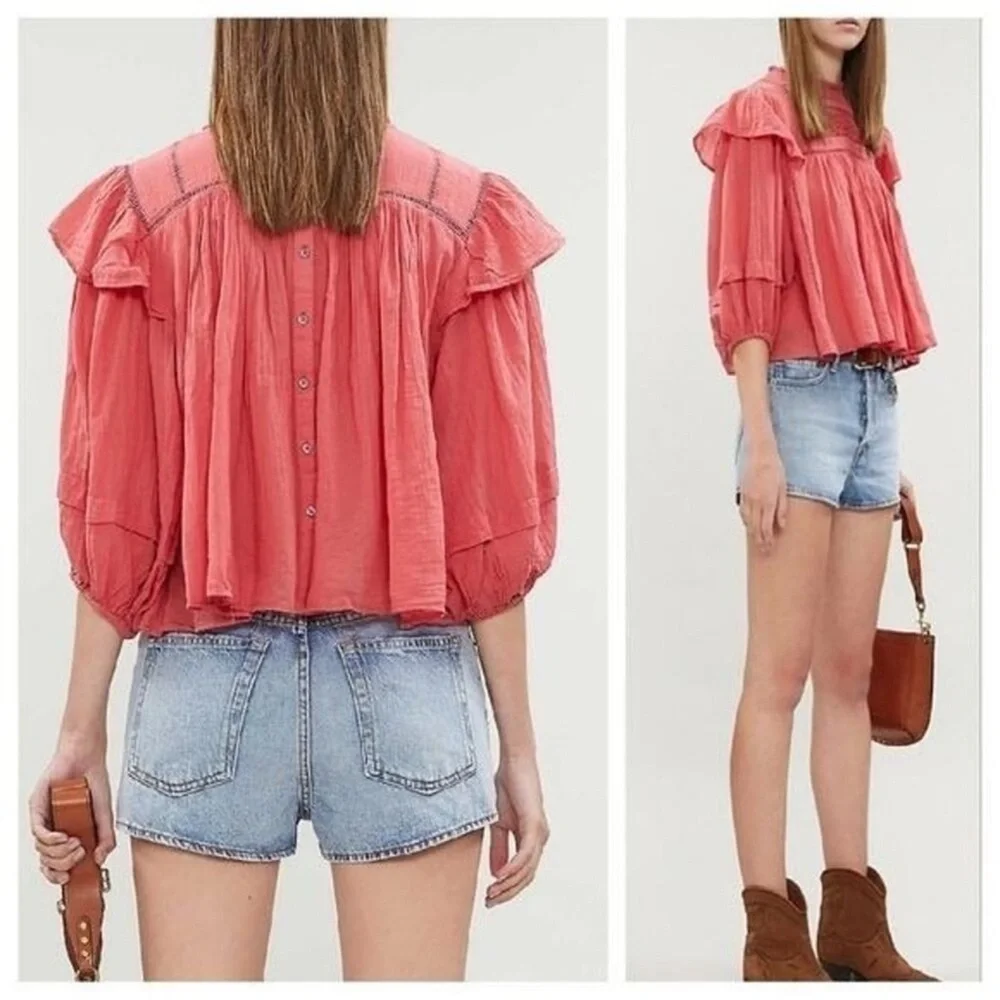 Free People Womens Top Laura Eyelet Lace Blouse Pink XS